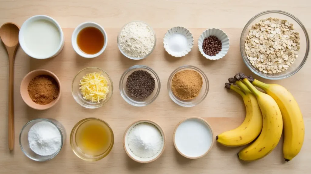 A beautifully arranged flat lay of ingredients for a vegan oat cake, including oats, bananas, almond milk, cinnamon, maple syrup, and secret flavor-enhancing ingredients.