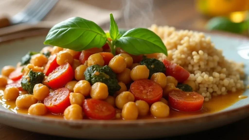 A homemade Vegetarian Dinner Recipes chickpea and vegetable skillet served with quinoa, garnished with basil, and steaming hot on a rustic wooden table.