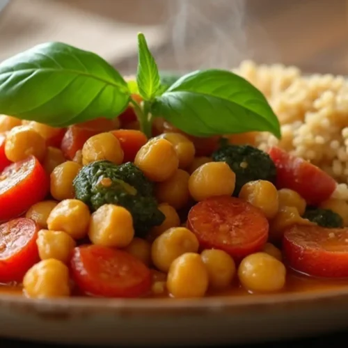 A homemade Vegetarian Dinner Recipes chickpea and vegetable skillet served with quinoa, garnished with basil, and steaming hot on a rustic wooden table.