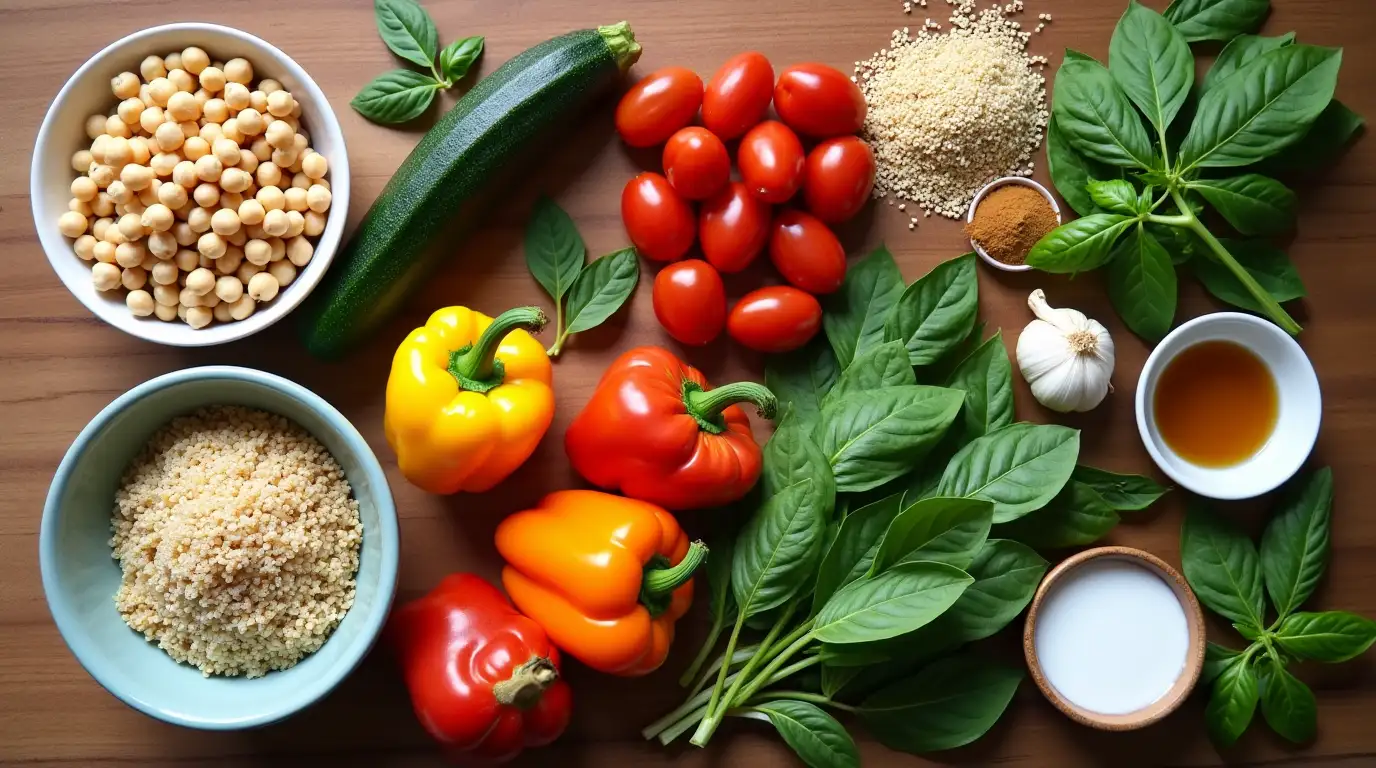  A flat-lay image of fresh ingredients for a Vegetarian Dinner Recipes chickpea and vegetable skillet, including quinoa, chickpeas, tomatoes, zucchini, and seasonings.