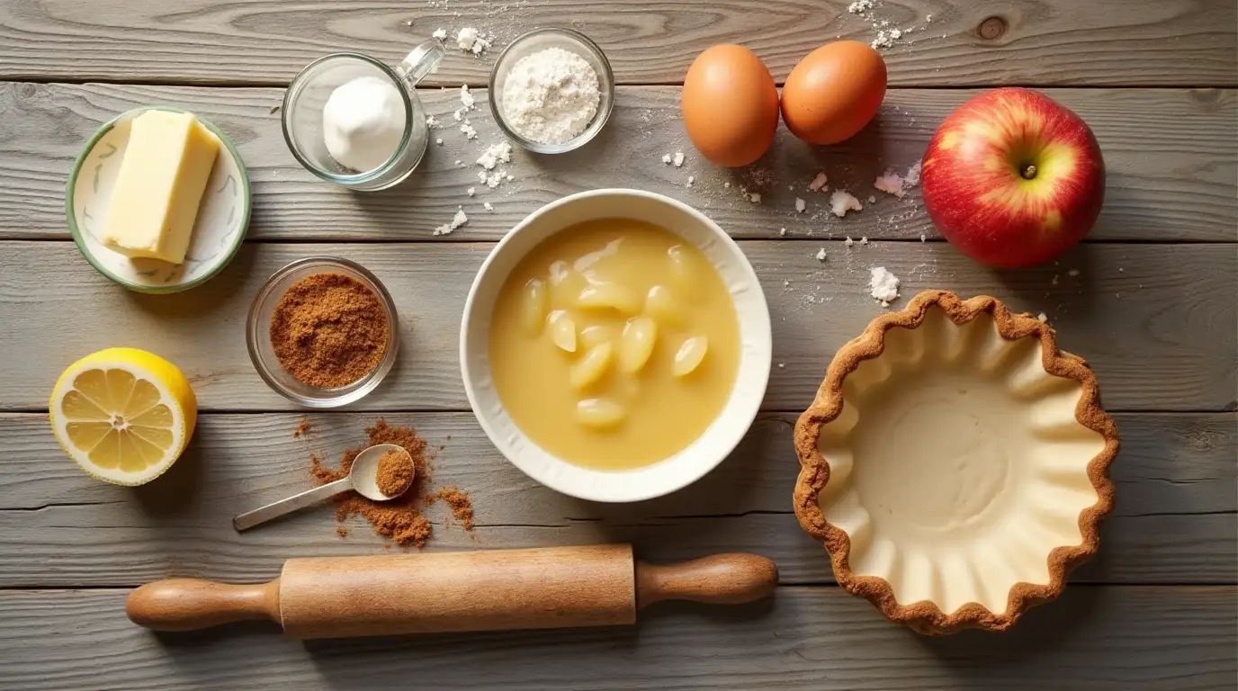 A flat lay of ingredients for Amish applesauce pie, including applesauce, flour, butter, eggs, brown sugar, cinnamon, nutmeg, and lemon on a rustic wooden surface.