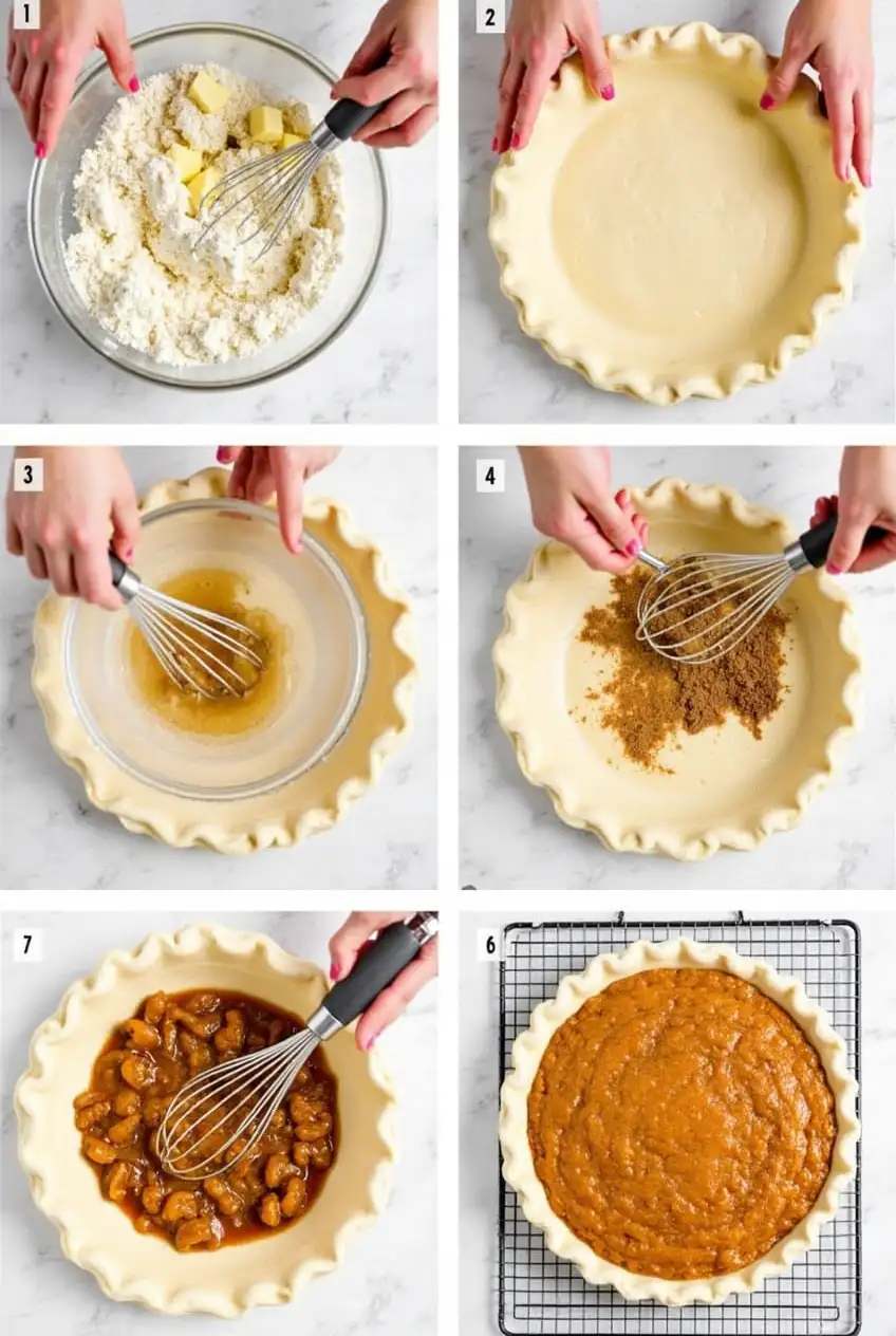 A six-step visual guide showing the process of making Amish applesauce pie, from mixing the dough to baking and cooling the pie to perfection