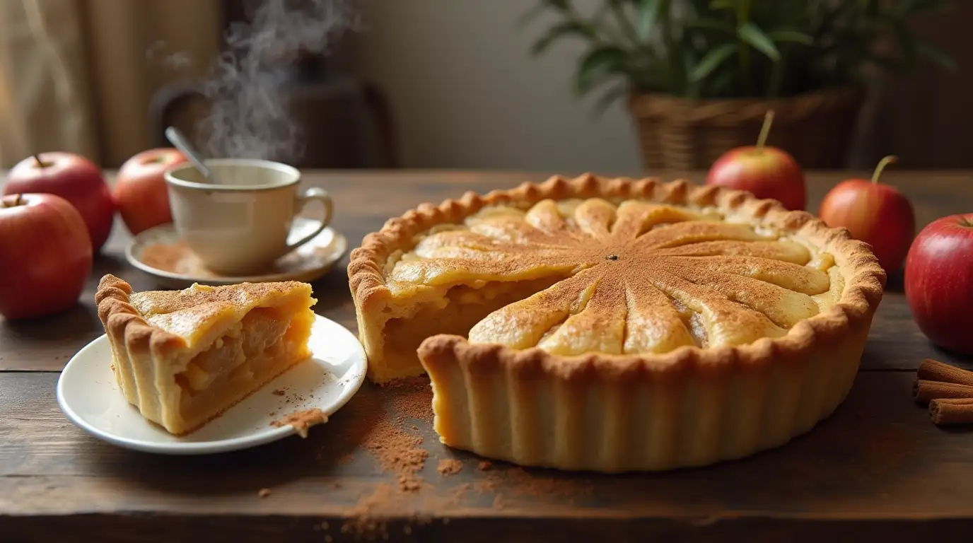 A freshly baked Amish applesauce pie with a golden crust, cut to reveal a smooth spiced applesauce filling, sitting on a rustic wooden table with warm lighting