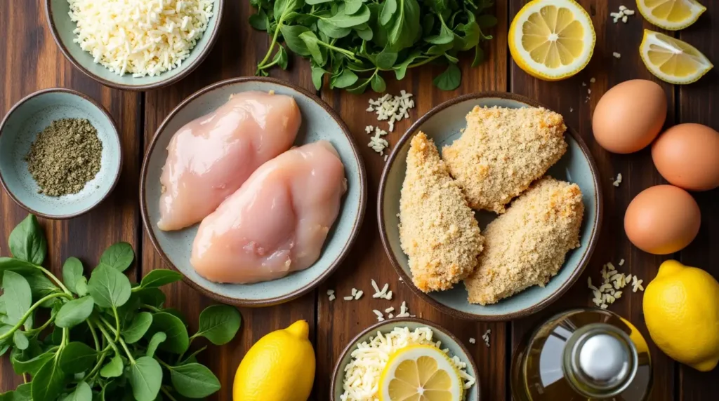 Flat lay of ingredients for a homemade breaded chicken with arugula oven recipe.