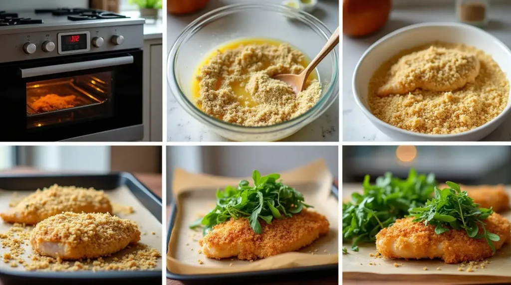 step-by-step photographic instructions for making breaded chicken with arugula oven recipe