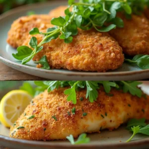 Homemade breaded chicken with arugula oven dish featuring crispy golden chicken and fresh arugula