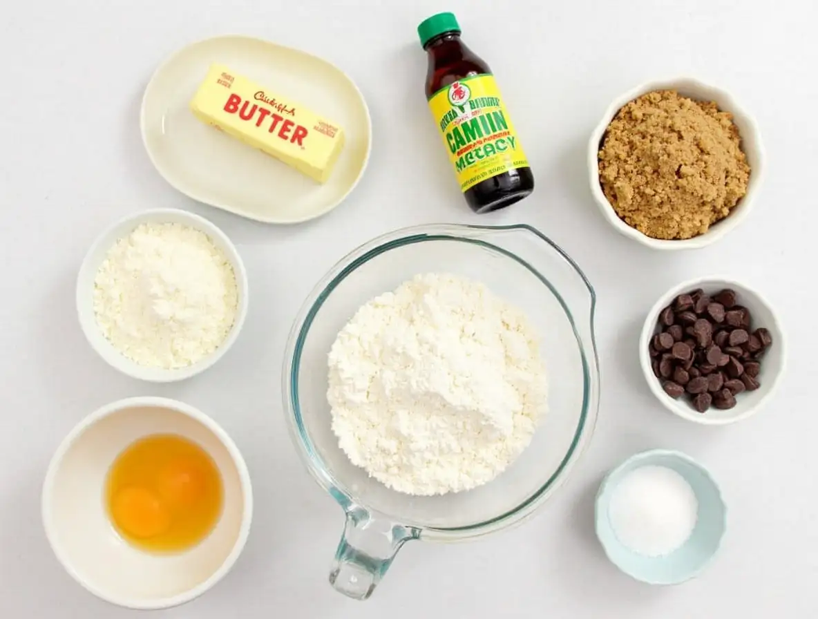 All ingredients for the Chick Fil A cookie recipe neatly arranged on a countertop.