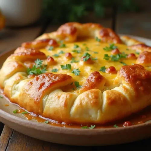 A close-up of a golden, flaky Chicken and Cheese Jalousie on a rustic table.