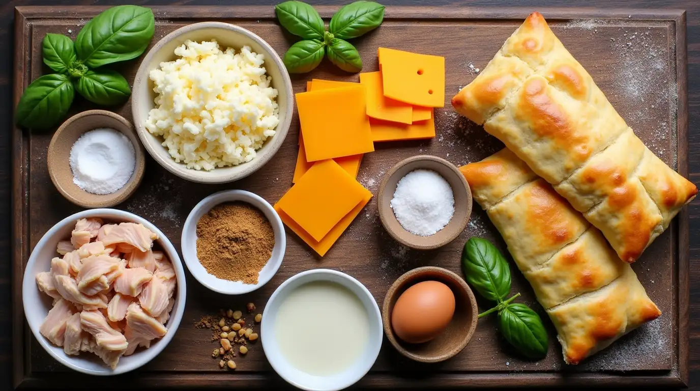 A rustic display of fresh ingredients for Chicken and Cheese Jalouise arranged on a wooden board.