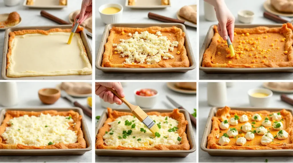 A collage of sequential images demonstrating each step of making Chicken and Cheese Jalouise.