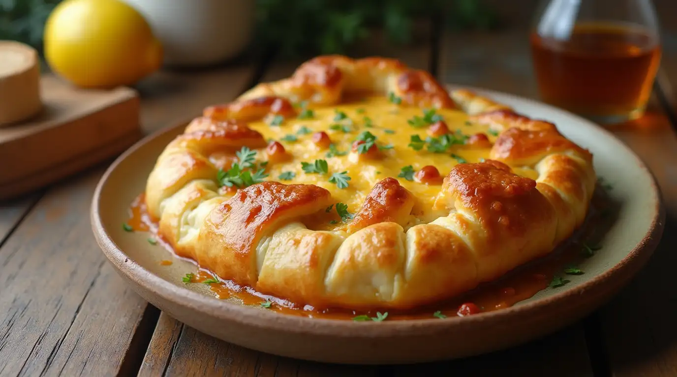 A close-up of a golden, flaky Chicken and Cheese Jalousie on a rustic table.