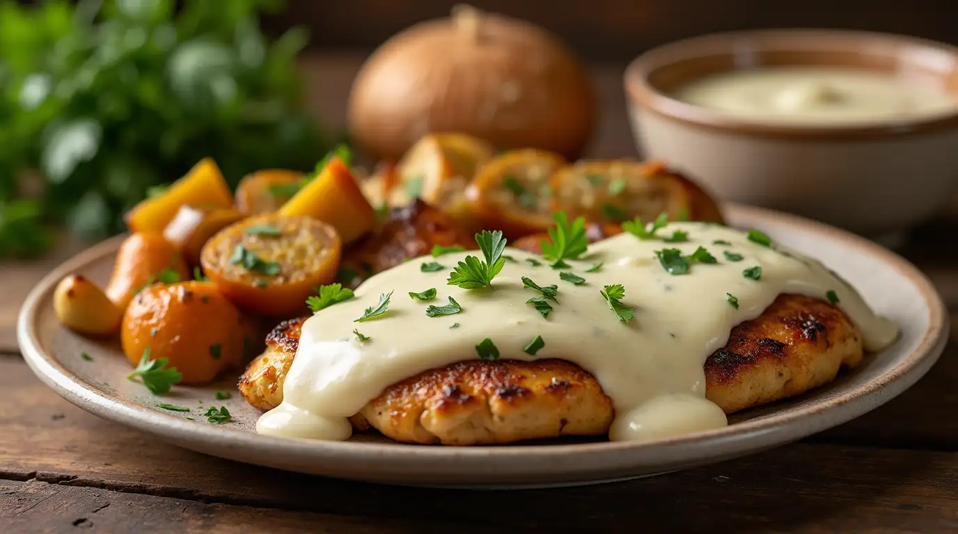 A homemade chicken dish drizzled with creamy cottage cheese sauce, served with fresh herbs on a rustic table.