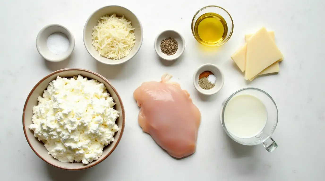 A flat-lay of fresh ingredients for cottage cheese sauce, including cottage cheese, Parmesan, garlic, and raw chicken.