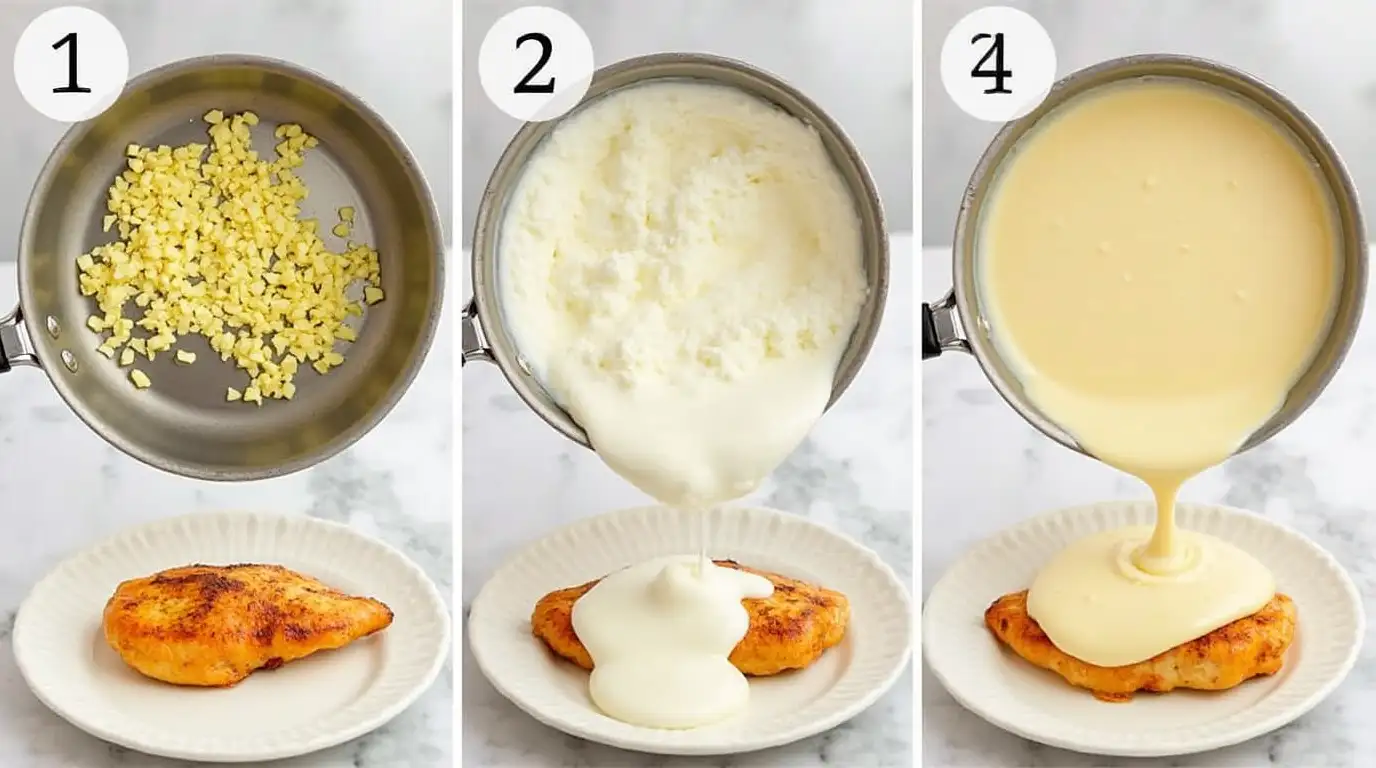 A step-by-step visual guide showing how to make creamy cottage cheese sauce and pour it over chicken.