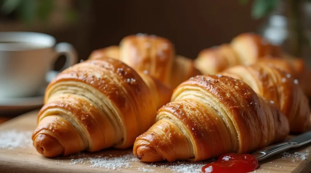 gipfeli recipe​ -flaky homemade Swiss croissants (Gipfeli) on a wooden table