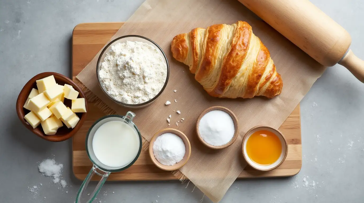 Ingredients for homemade Gipfeli recipe, including flour, butter, milk, sugar, salt, yeast, and an egg, neatly arranged on a wooden board.
