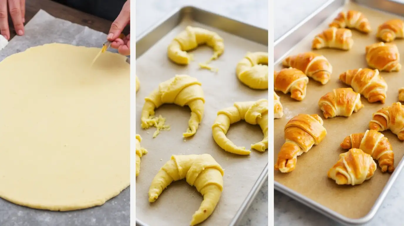 step-by-step guide to making homemade Gipfeli recipe, from rolling the dough to shaping and baking the croissants.