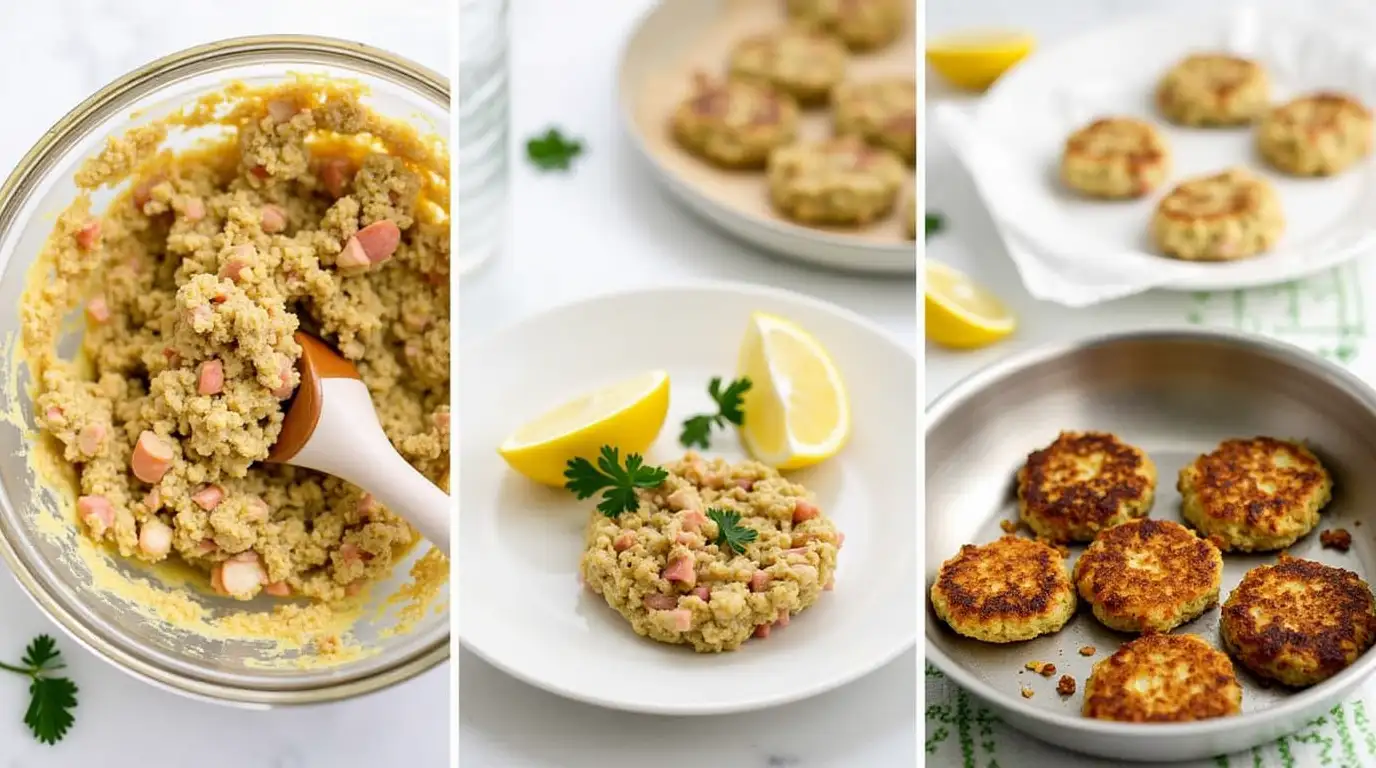 Step-by-step process of making gluten-free crab cakes, from mixing ingredients to pan-frying and plating.