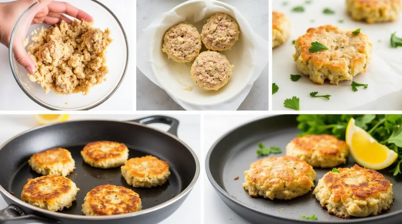 Step-by-step process of making gluten-free crab cakes, from mixing ingredients to pan-frying and plating.