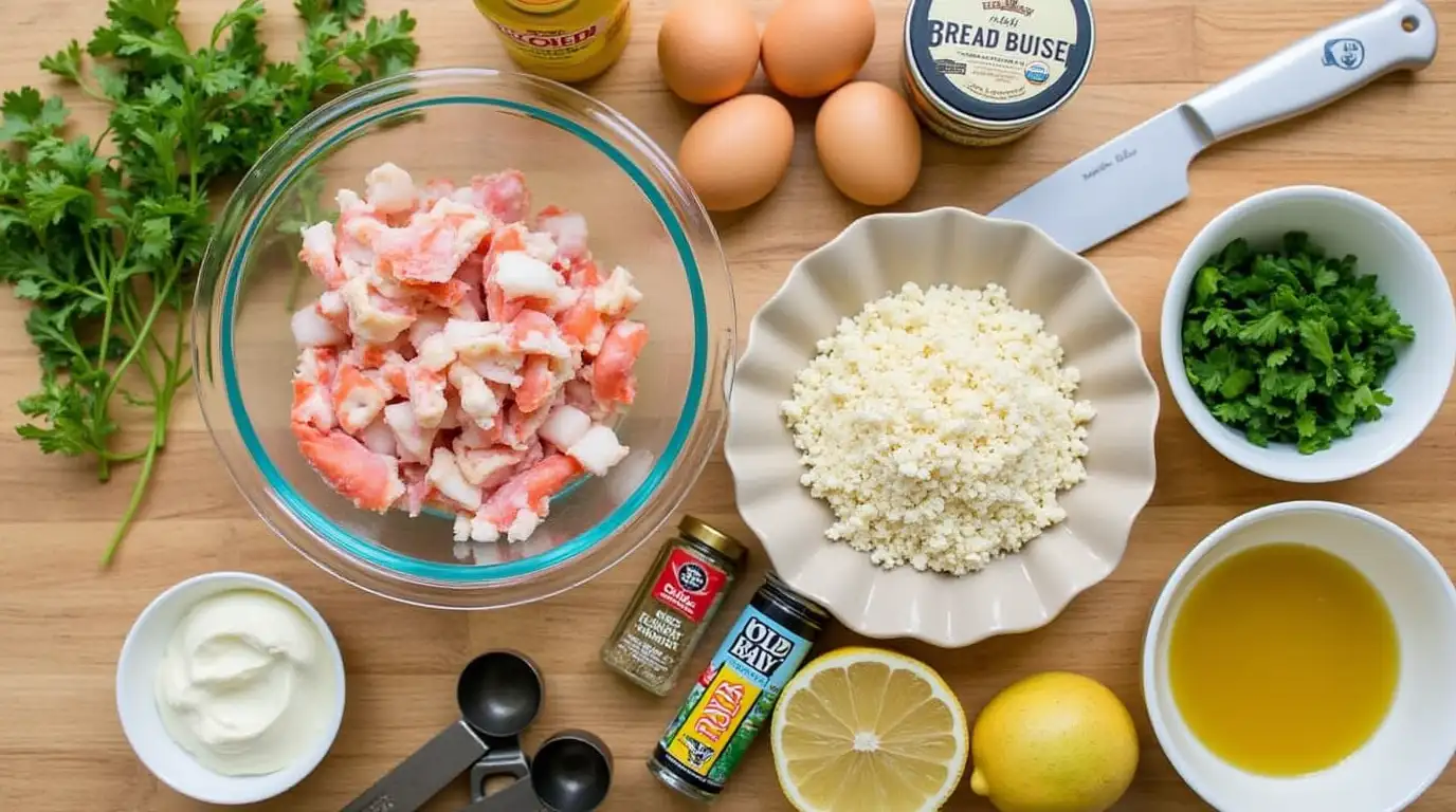 Fresh ingredients for making gluten-free crab cakes, including crab meat, eggs, breadcrumbs, and seasonings.