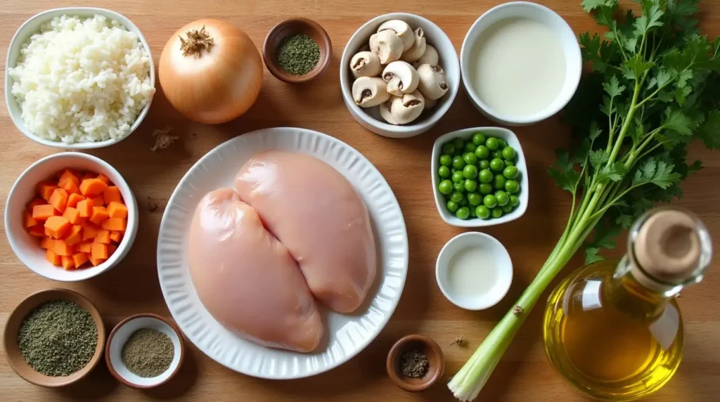 An overhead view of neatly arranged ingredients for gluten free chicken and rice casserole on a wooden countertop.