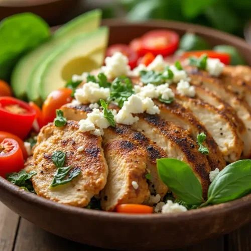 A delicious homemade Protein Power Bowl with grilled chicken, quinoa, and fresh vegetables on a rustic wooden table