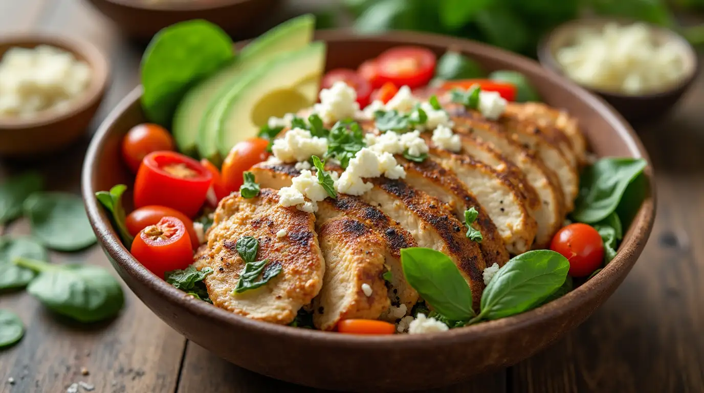 A delicious homemade Protein Power Bowl with grilled chicken, quinoa, and fresh vegetables on a rustic wooden table