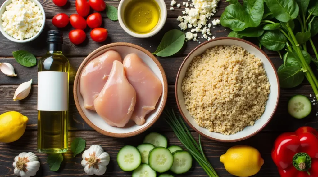 An artfully arranged flat lay of ingredients for a Protein Power Bowl on a rustic surface.