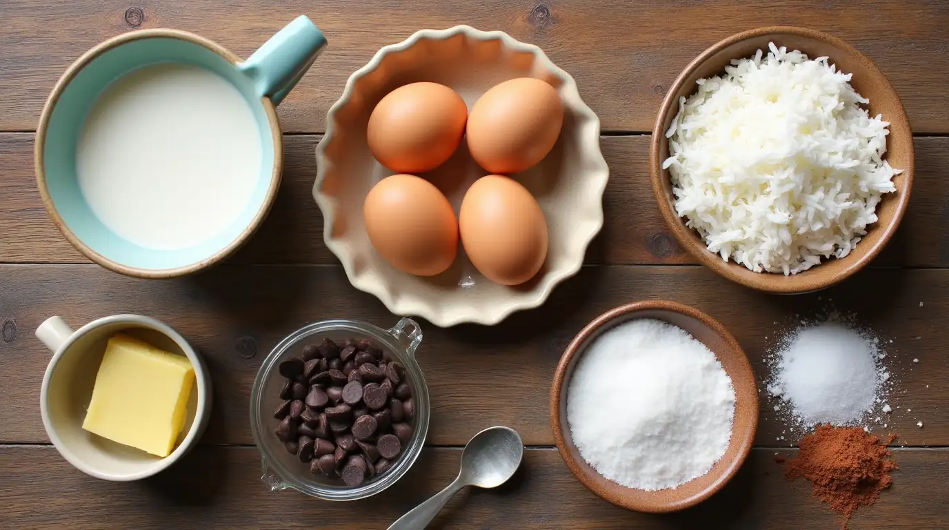 A flat lay of ingredients for a homemade Mounds Cake, including flour, sugar, coconut milk, butter, eggs, shredded coconut, cocoa powder, and chocolate chips.