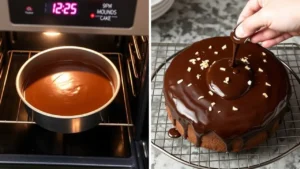 Mounds Cake baking in the oven, later cooling on a wire rack before being topped with chocolate ganache and toasted coconut