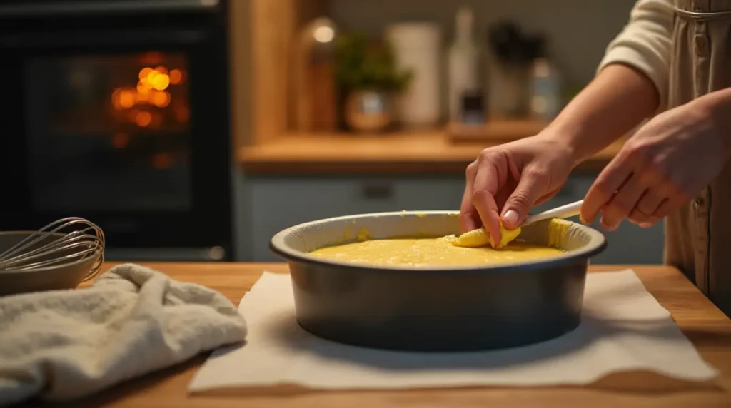 A baker greasing a 9-inch round cake pan and lining it with parchment paper, with an oven preheating to 350°F (175°C) in the background.