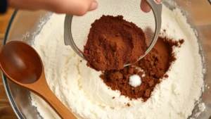 Sifting together flour, sugar, cocoa powder, baking powder, and salt in a large mixing bowl to ensure a smooth and lump-free batter.