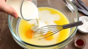 Whisking eggs, coconut milk, melted butter, and vanilla extract in a glass bowl to create a smooth and flavorful wet mixture.