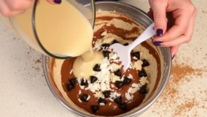 Gently folding the wet and dry ingredients together, incorporating shredded coconut and chocolate chips for a rich and airy Mounds Cake batter.