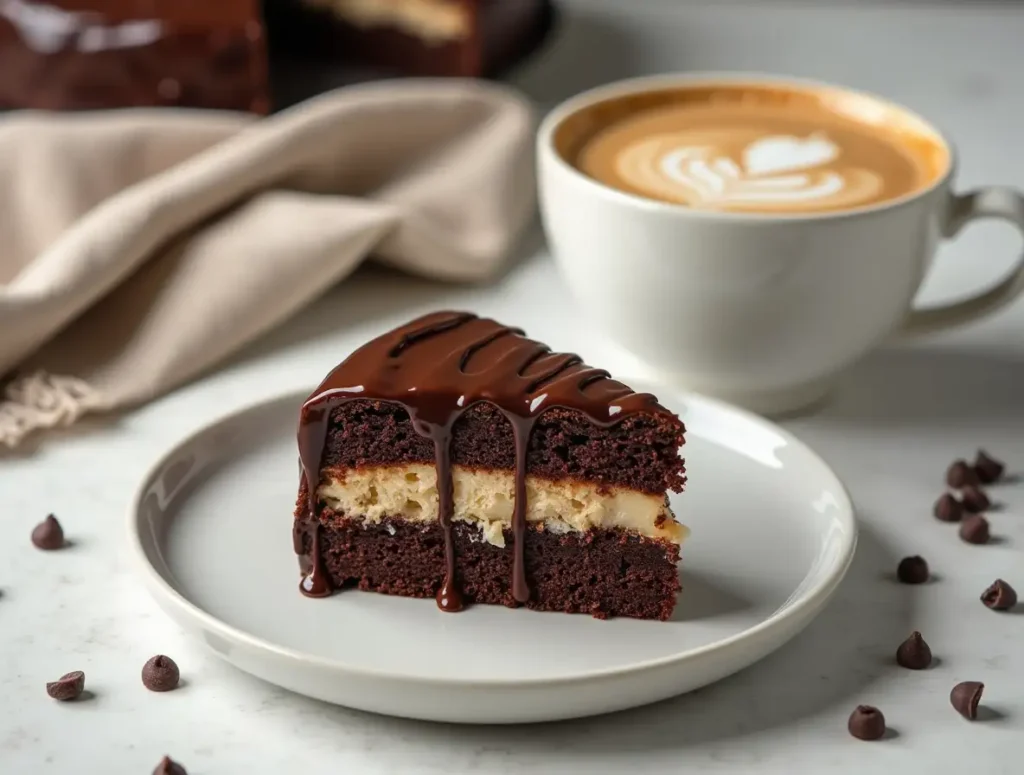 A decadent slice of Mounds Cake on a white plate with chocolate ganache and coconut flakes, served alongside a steaming cup of coffee.