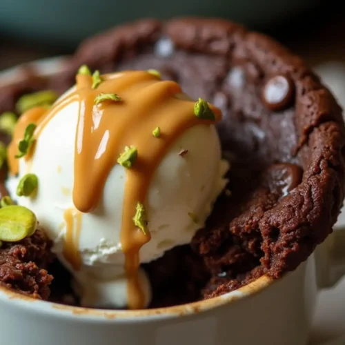 mug cookie vegan in a white mug with melted chocolate, coconut ice cream, and peanut butter drizzle