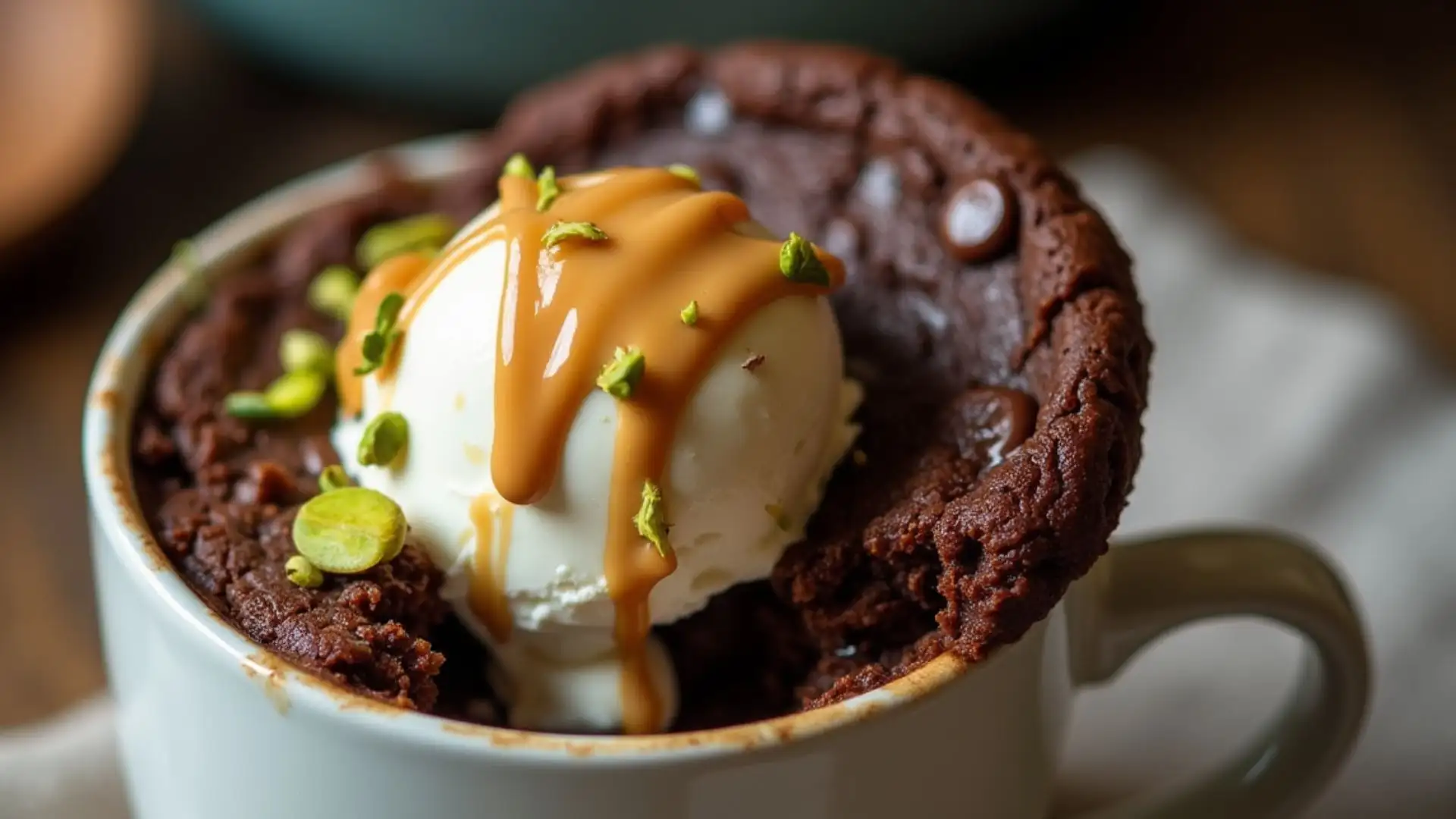 mug cookie vegan in a white mug with melted chocolate, coconut ice cream, and peanut butter drizzle